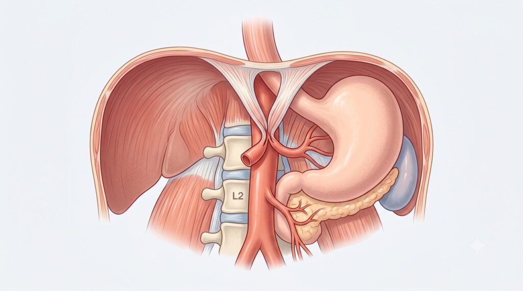 A compressão da artéria celíaca pelo ligamento pode provocar dor abdominal após comer.