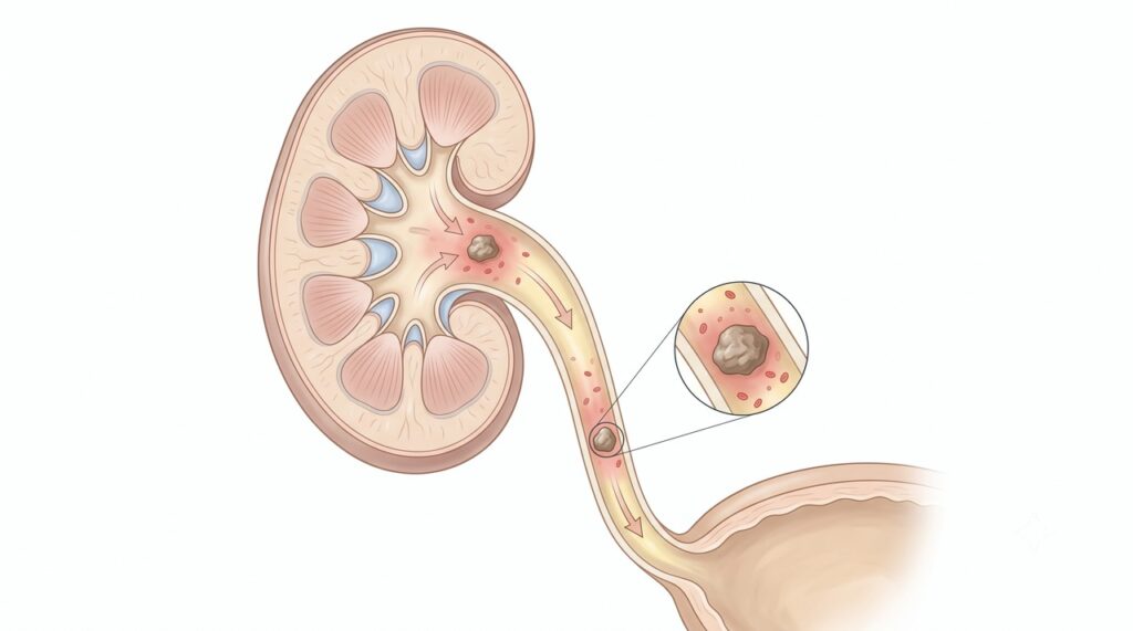 O cálculo renal pode irritar o trato urinário e causar urina escura ou com sangue.