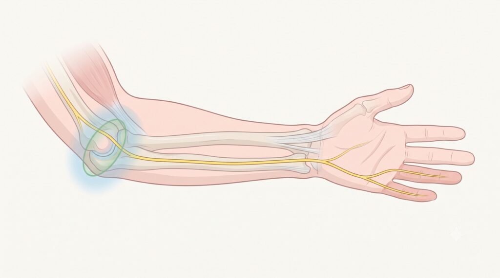 O nervo ulnar passa pelo cotovelo e leva sensibilidade ao mindinho e a parte do anelar.