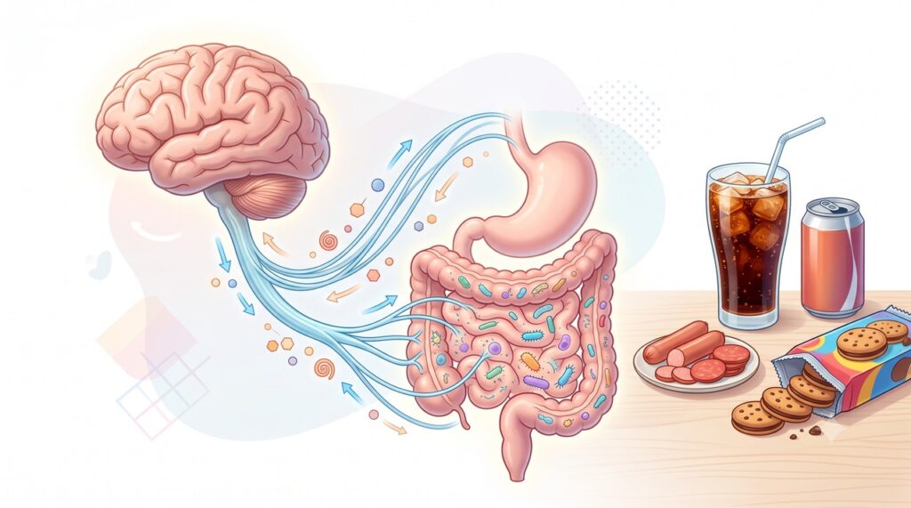 Ultraprocessados podem influenciar intestino, metabolismo e cérebro ao longo do tempo.