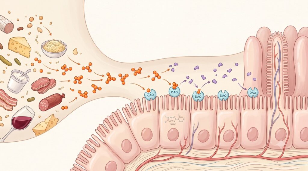 A enzima DAO participa da degradação da histamina alimentar no intestino.