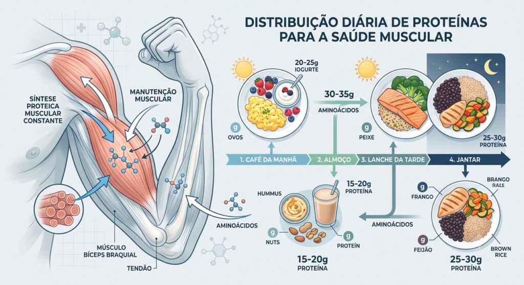 Distribuir proteína nas refeições pode favorecer a manutenção dos músculos.