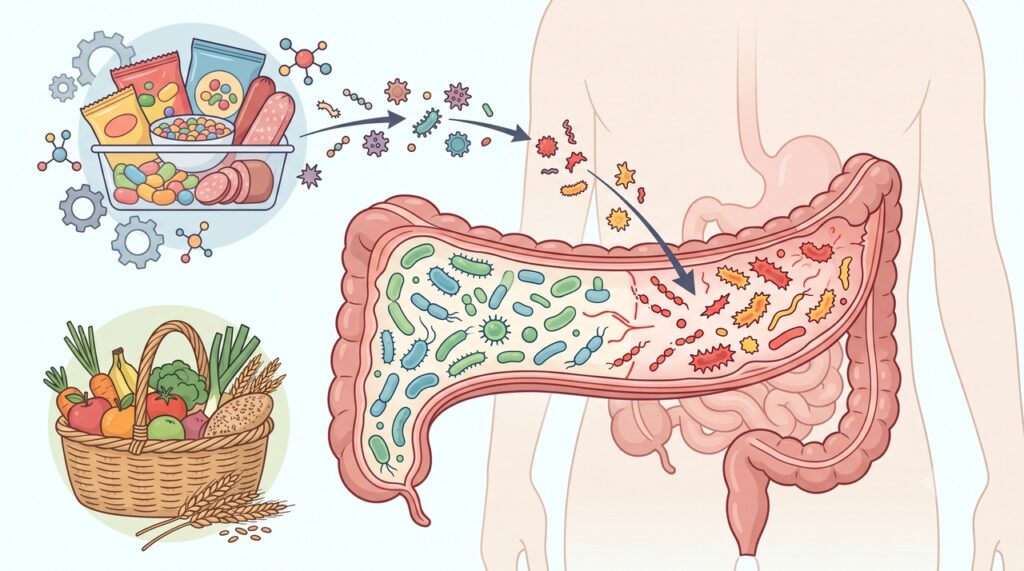 Pesquisadores investigam como aditivos e ultraprocessados podem afetar a microbiota intestinal.