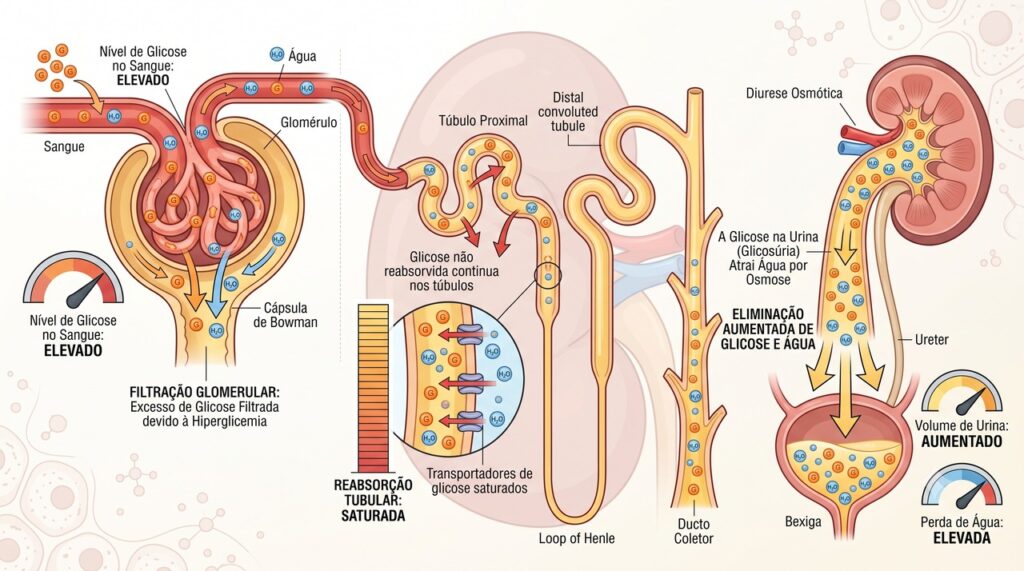 O excesso de glicose faz os rins eliminarem mais água, aumentando a urina e a sede.