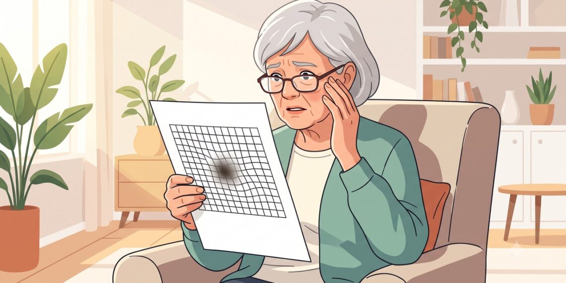 Linhas retas tortas e mancha central na visão podem ser sinais de degeneração macular.
