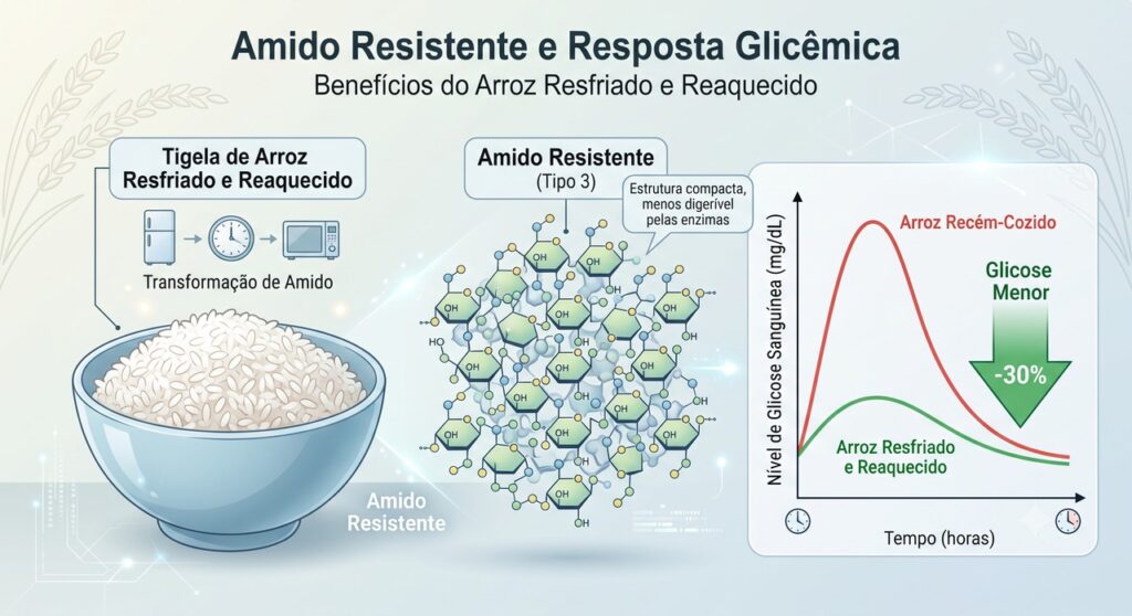 O resfriamento do arroz aumenta o amido resistente e pode suavizar a resposta glicêmica.