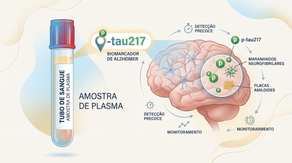 O teste mede p-tau217 no plasma, marcador ligado a alterações biológicas do Alzheimer.