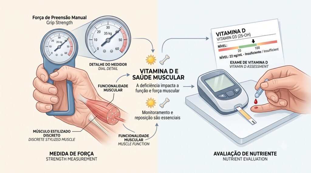 A vitamina D baixa foi associada a menor força de preensão manual em idosos.