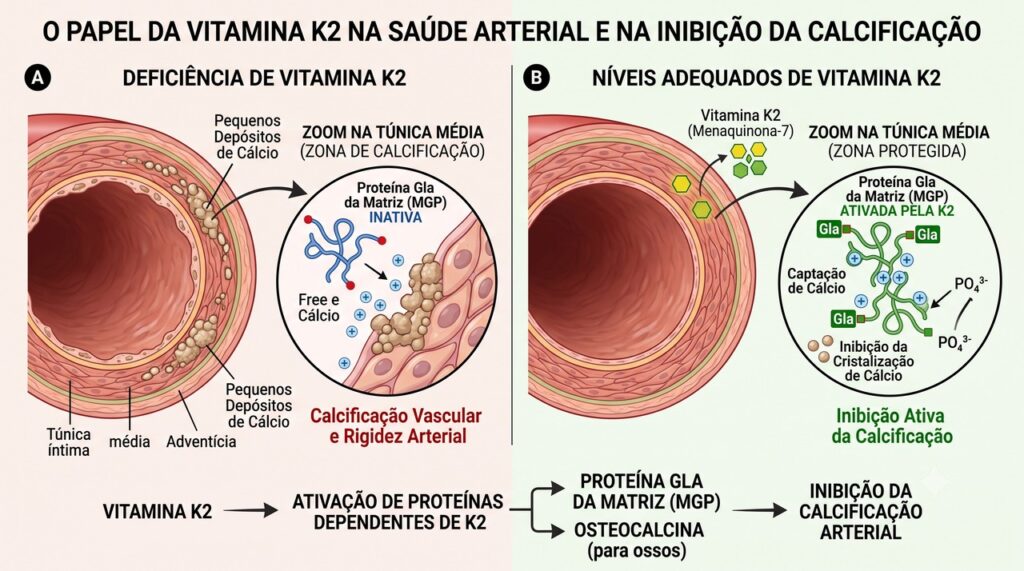 A vitamina K2 ativa proteínas envolvidas na regulação dos depósitos de cálcio nos vasos.