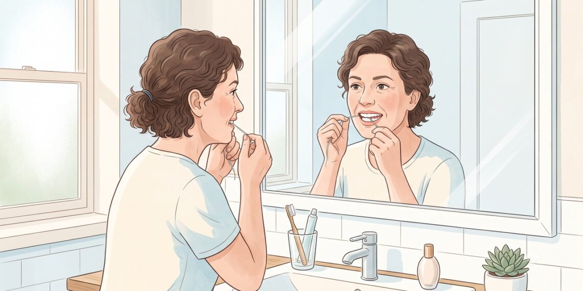 O uso regular de fio dental ajuda a remover a placa entre os dentes e cuidar da saúde bucal.