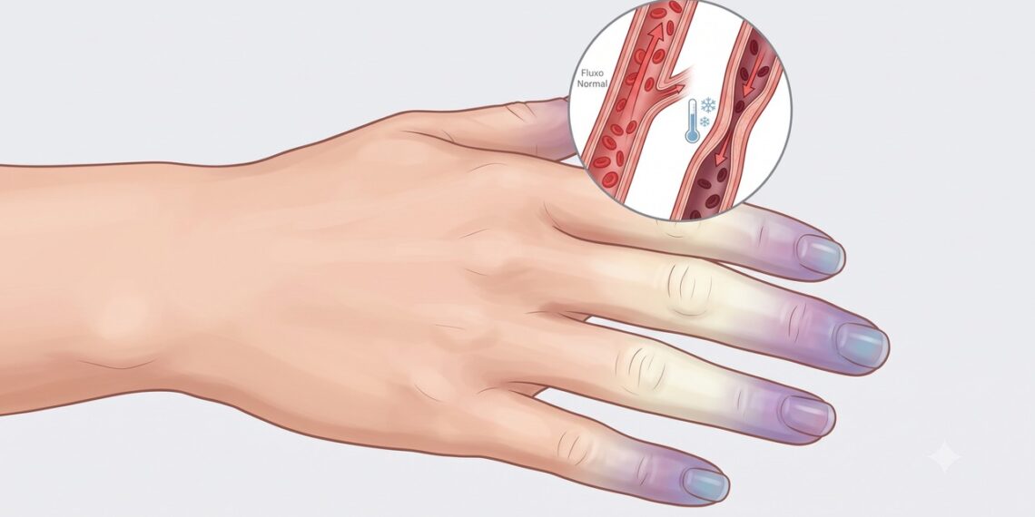 No fenômeno de Raynaud, a contração exagerada dos vasos reduz temporariamente o fluxo de sangue nos dedos.
