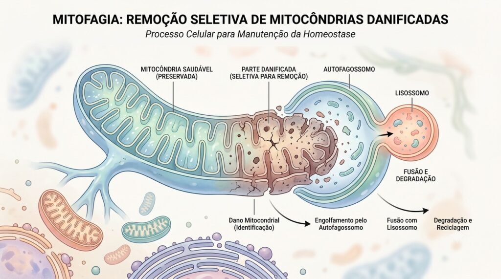 A mitofagia ajuda a célula a remover mitocôndrias danificadas ou pouco eficientes.