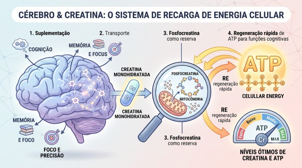 A creatina participa do fornecimento rápido de energia para células do cérebro.