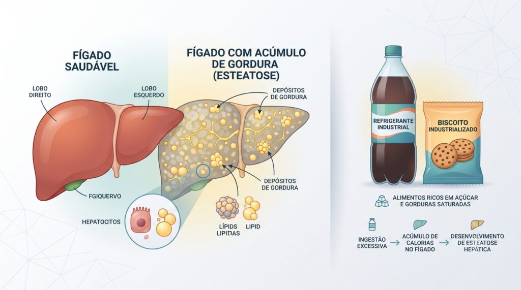 Maior consumo de ultraprocessados foi associado a maior risco de fígado gorduroso.