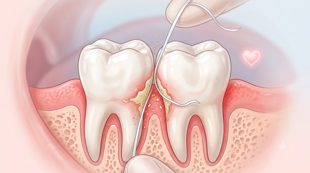 O fio dental alcança espaços entre os dentes que não são totalmente limpos pela escova.