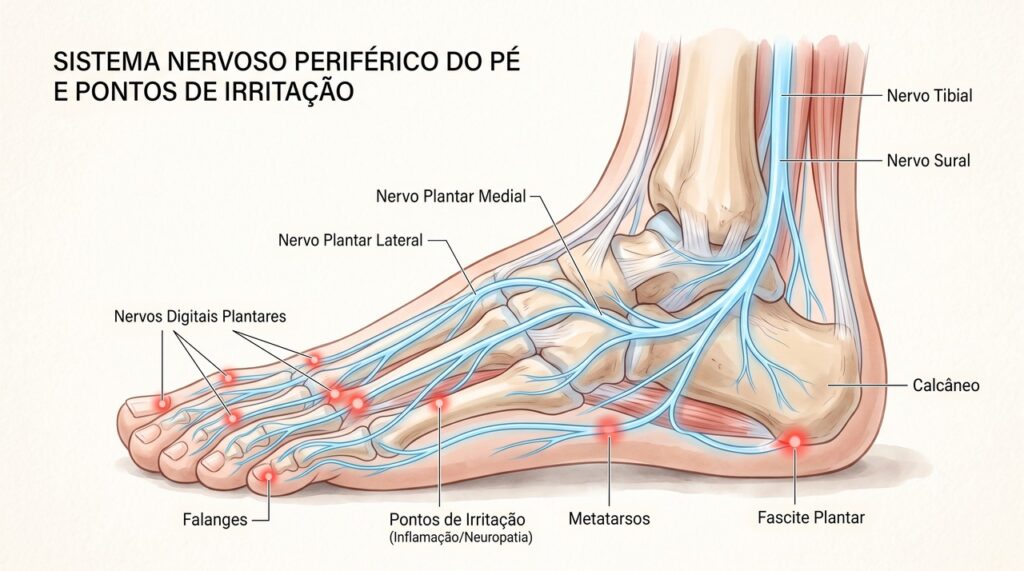 Danos nos nervos periféricos podem causar queimação, dormência e maior sensibilidade nos pés.