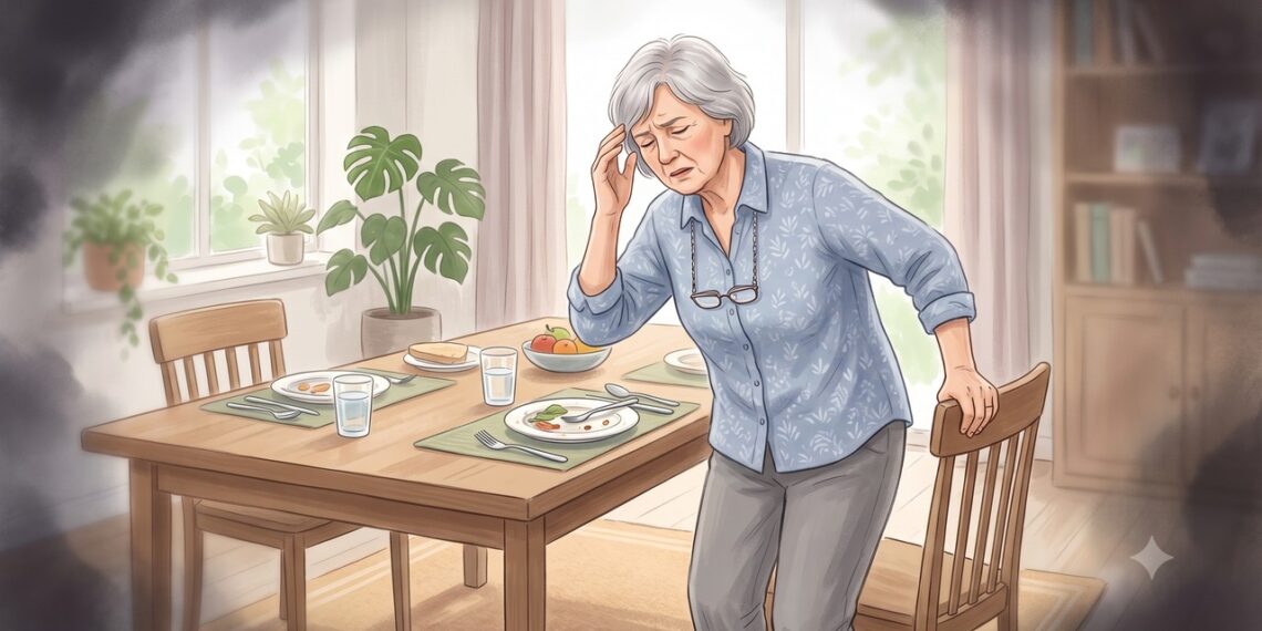 Tontura e visão escurecida após comer podem indicar hipotensão pós-prandial.