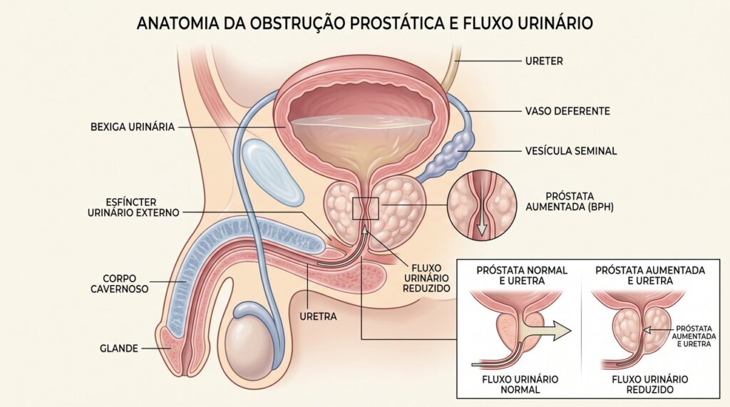 A próstata aumentada pode comprimir a uretra e dificultar o esvaziamento da bexiga.
