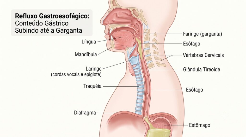No refluxo silencioso, o conteúdo do estômago pode alcançar e irritar a garganta.