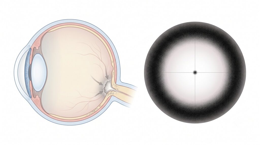 O glaucoma danifica o nervo óptico e pode reduzir primeiro a visão periférica.