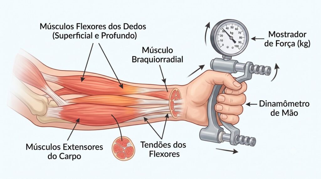 O dinamômetro mede a força de preensão e ajuda a identificar sinais de fraqueza muscular.