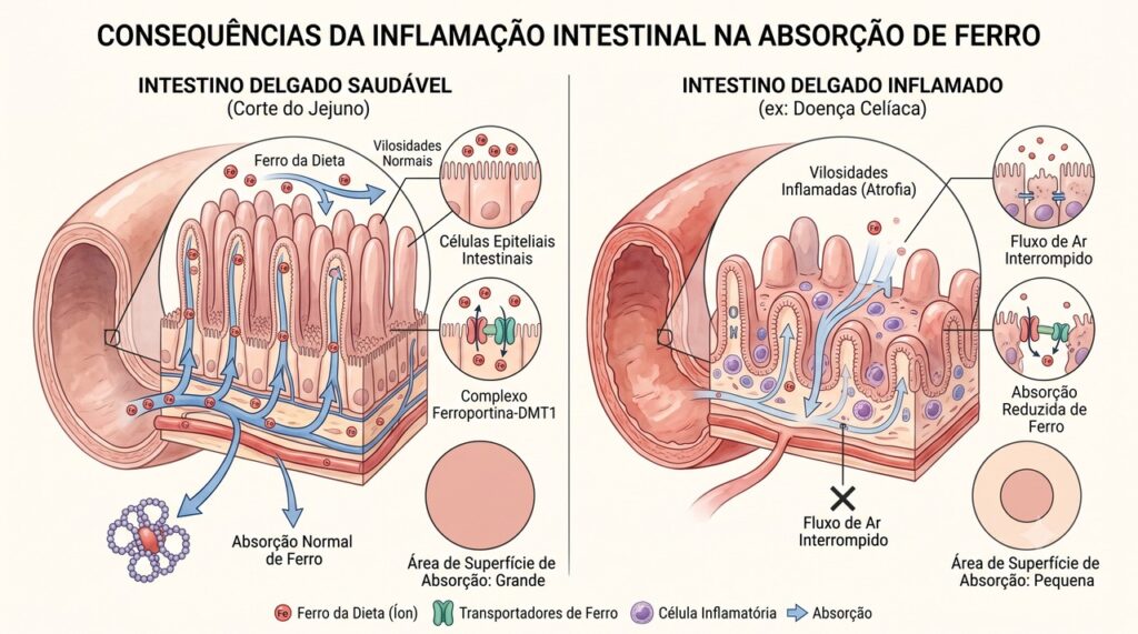 A inflamação intestinal na doença celíaca pode prejudicar a absorção de ferro.