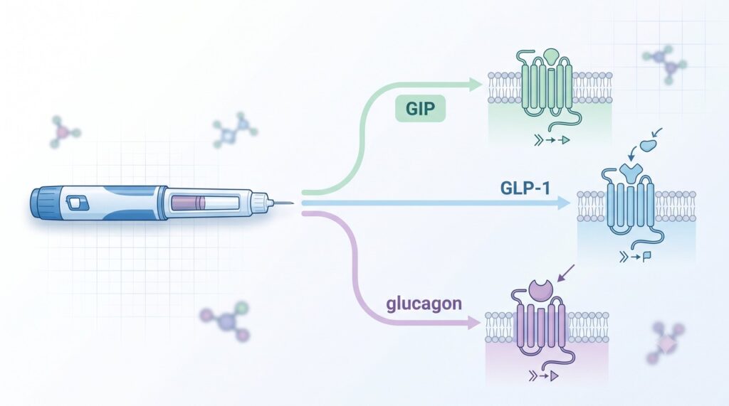 A retatrutida atua simultaneamente nos receptores de GIP, GLP-1 e glucagon.