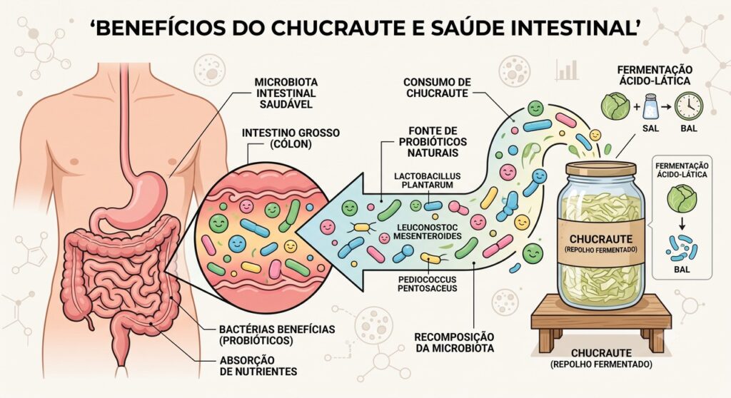 O chucrute pode influenciar a microbiota por microrganismos e compostos da fermentação.