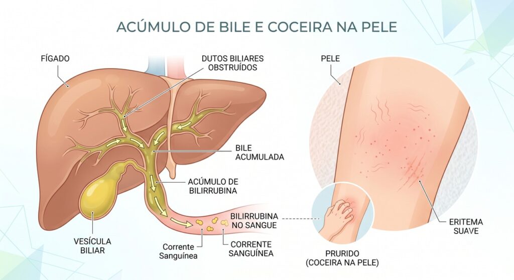 A colestase pode favorecer acúmulo de substâncias ligadas à coceira persistente.