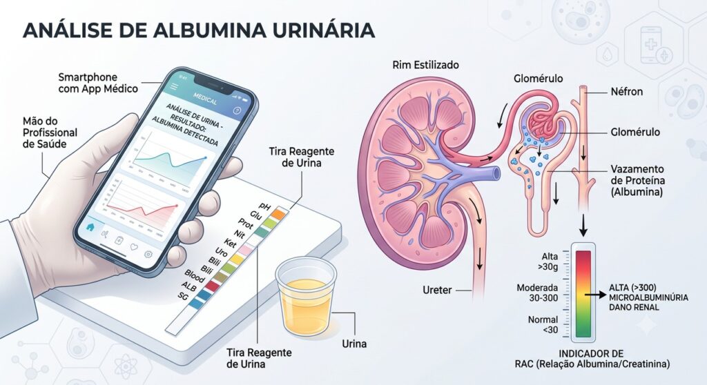 A leitura da tira pelo aplicativo pode indicar albumina elevada na urina.