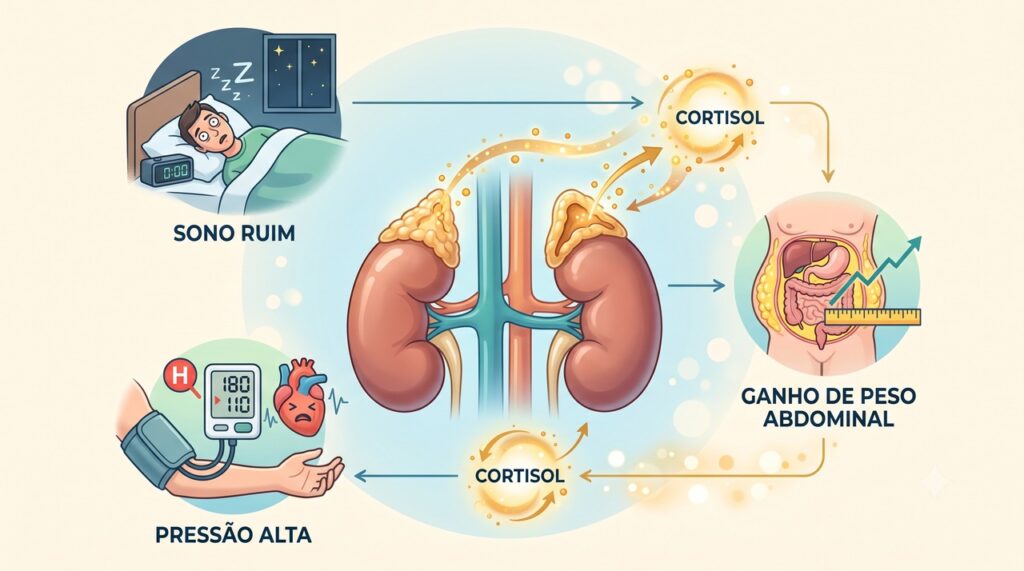 O estresse crônico pode manter o corpo em alerta e alterar sono, metabolismo e pressão.