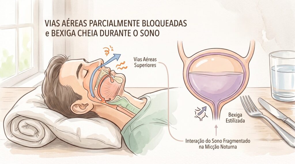 A apneia pode fragmentar o sono e favorecer a vontade de urinar à noite.