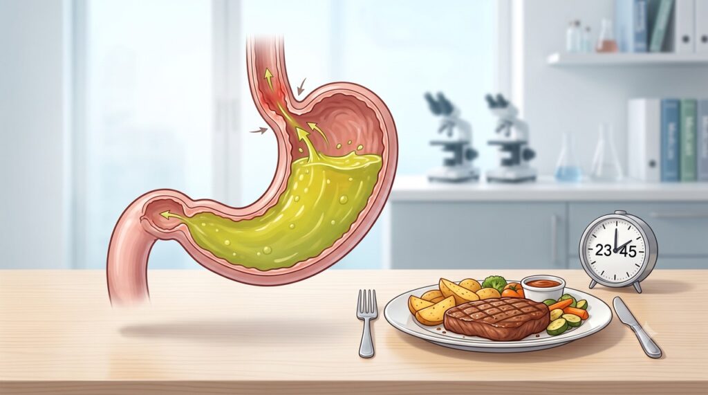 Deitar logo após comer pode facilitar o retorno do ácido para o esôfago.