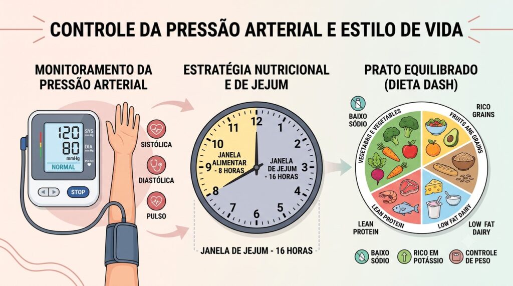 Ilustração editorial de saúde, uma pessoa sentada medindo a pressão arterial enquanto observa um relógio próximo à refeição, expressão de atenção, ambiente doméstico claro e simples.
