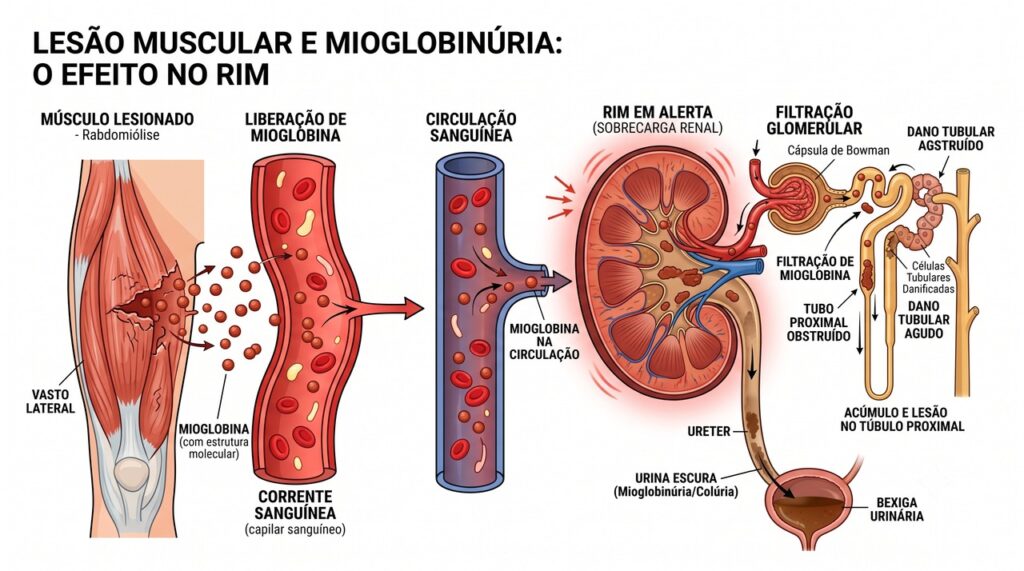A rabdomiólise pode liberar substâncias musculares que sobrecarregam os rins.