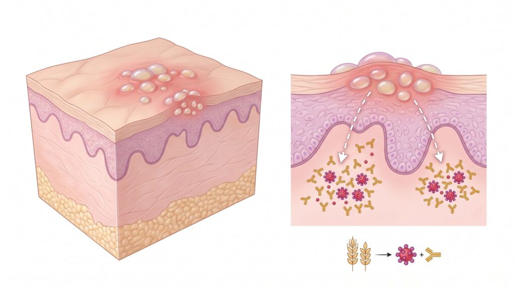 A dermatite herpetiforme é uma manifestação cutânea ligada à doença celíaca e ao glúten.