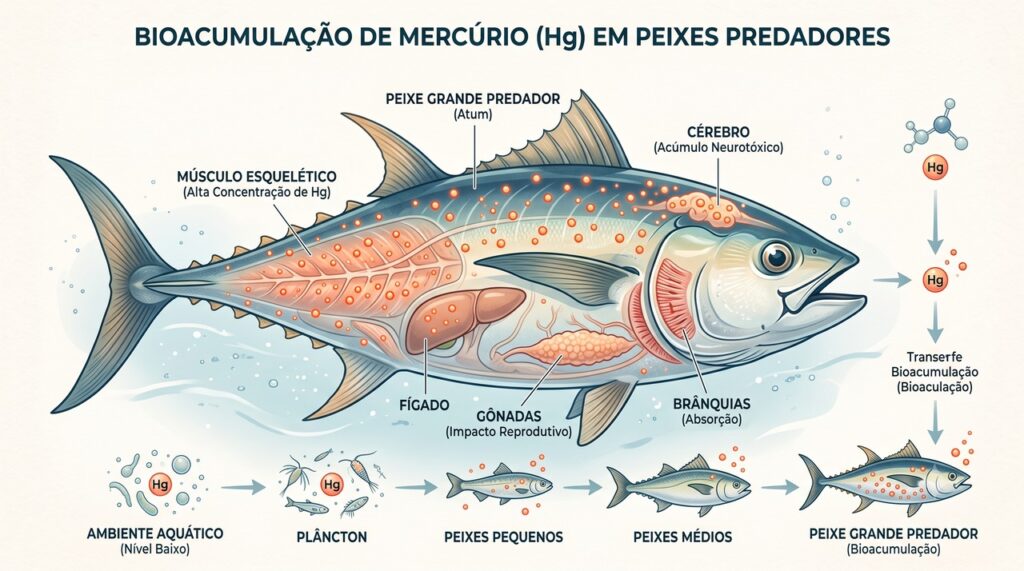Peixes grandes predadores podem acumular maior quantidade de mercúrio.