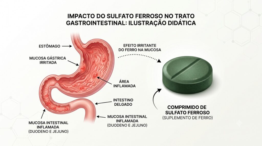 O sulfato ferroso pode provocar náuseas, constipação, dor abdominal e outros efeitos gastrointestinais.