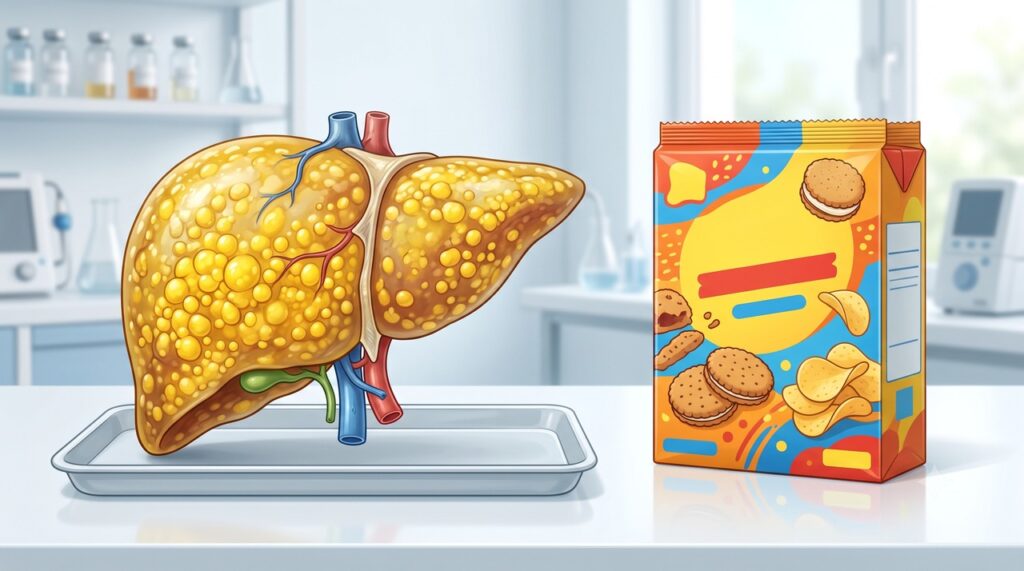 Ultraprocessados podem favorecer excesso de calorias e acúmulo de gordura hepática.
