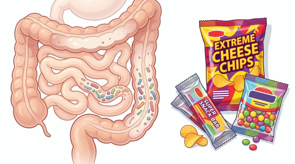 Dietas ricas em ultraprocessados podem favorecer disbiose e menor diversidade intestinal.