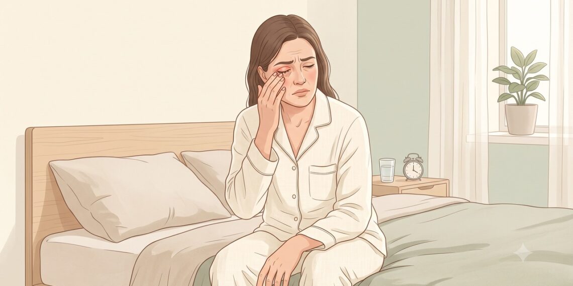 Olhos irritados e cílios grudados ao acordar podem ser sinais de blefarite.