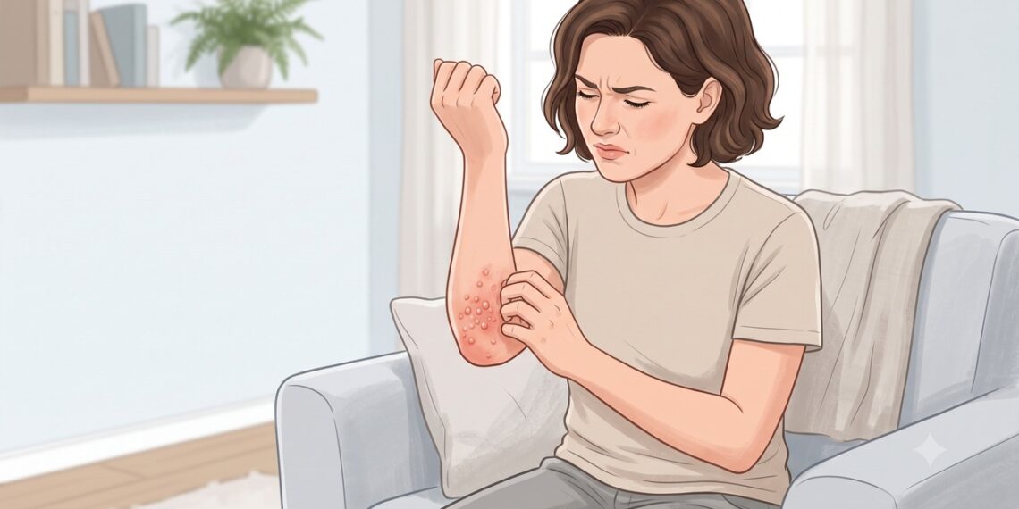 Bolhas que coçam muito e ardem nos cotovelos podem ser sinal de dermatite herpetiforme.