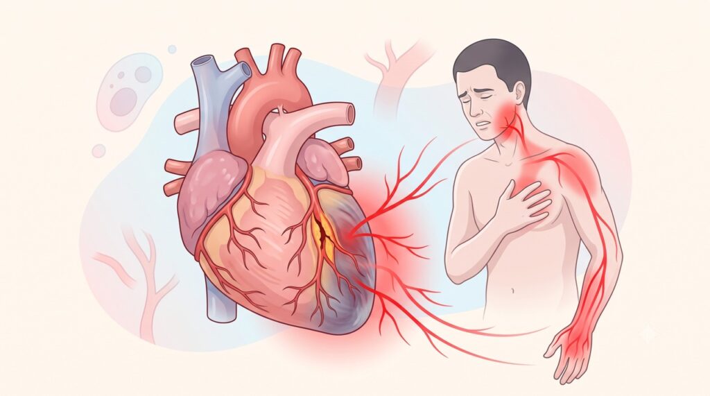 O desconforto do infarto pode irradiar do coração para o maxilar, as costas e os braços.