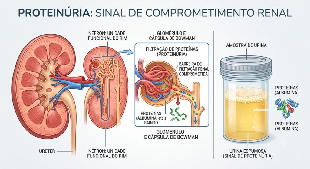 Urina espumosa e inchaço podem sugerir perda de proteína pelos rins.