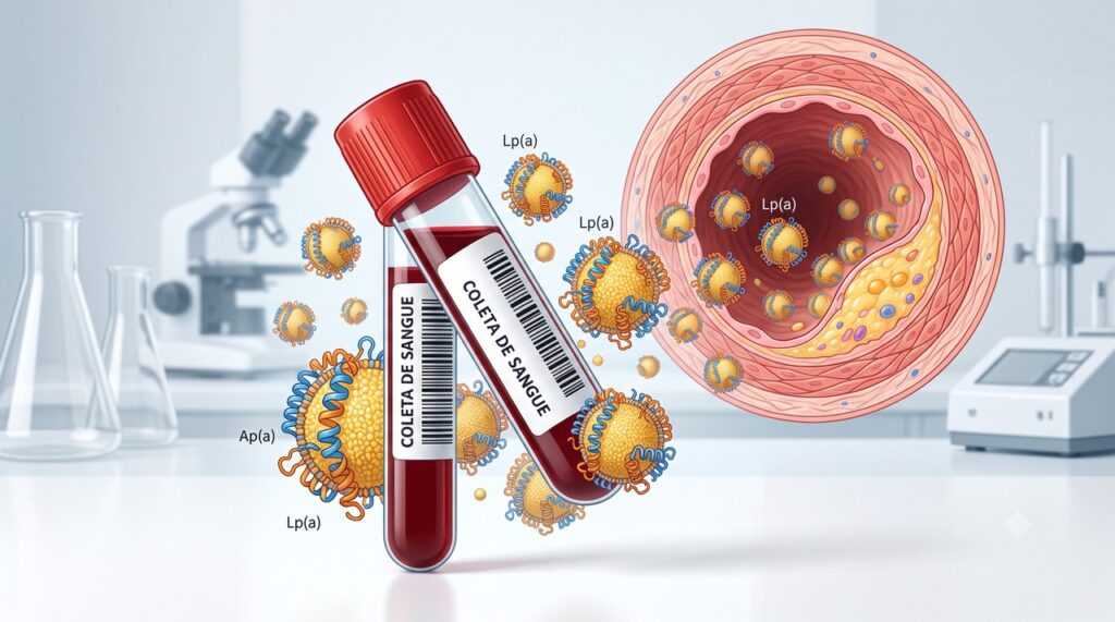 O exame de Lp(a) é feito por coleta de sangue e ajuda a complementar a avaliação do risco cardiovascular.