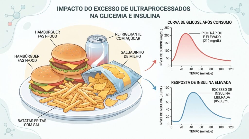Cada aumento de 10% de ultraprocessados na dieta foi associado a cerca de 12% mais risco de diabetes tipo 2.