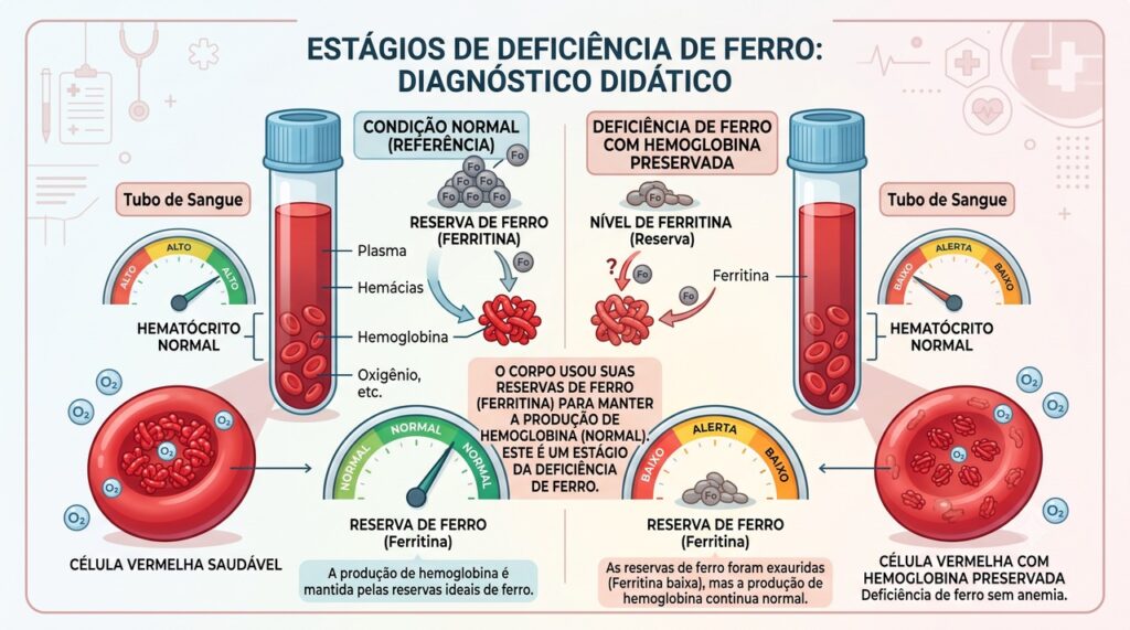 A ferritina avalia os estoques de ferro e pode cair antes da hemoglobina.