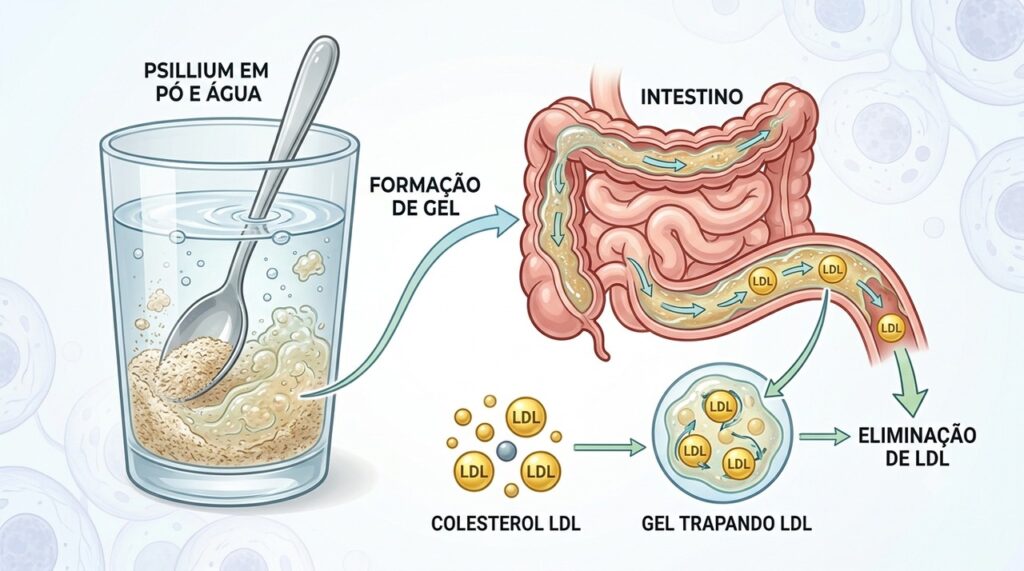 Ao formar gel no intestino, o psyllium pode contribuir para reduzir o colesterol LDL.