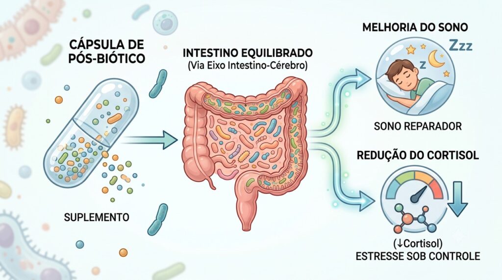 O pós-biótico não depende de bactérias vivas e pode atuar por sinais ligados ao eixo intestino-cérebro.