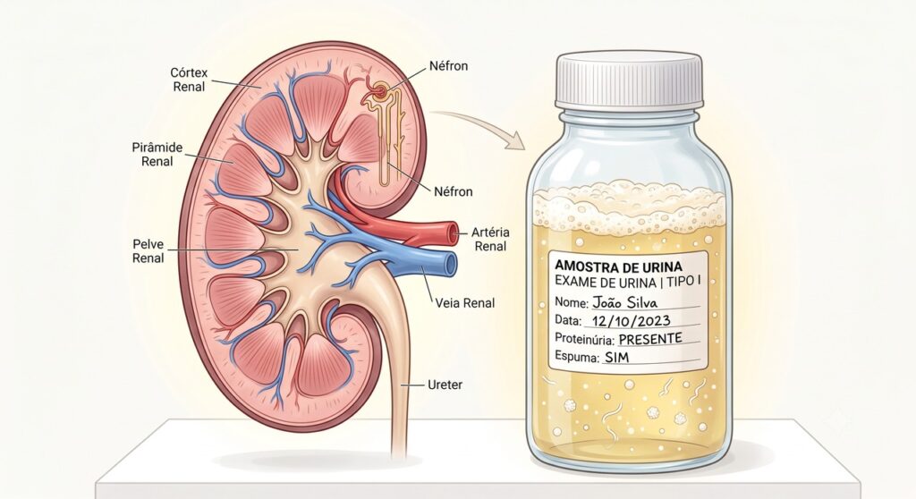 A proteinúria acontece quando proteínas passam pelos filtros dos rins e aparecem na urina.